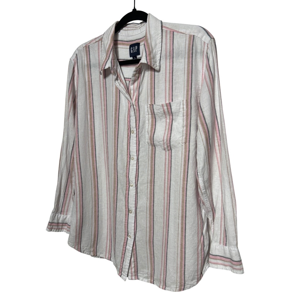 GAP Linen Blend Button Down Long Sleeve Shirt Pink Tan Gray Stripe Sz Small EUC